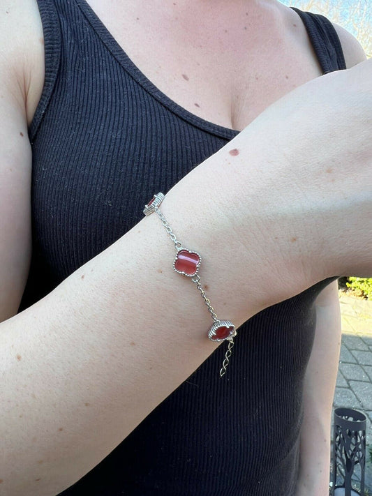 HarlemBling Real 925 Silver Alhambra Pink Mother Of Pearl Leaf Clover Flower Bracelet 6-7.5