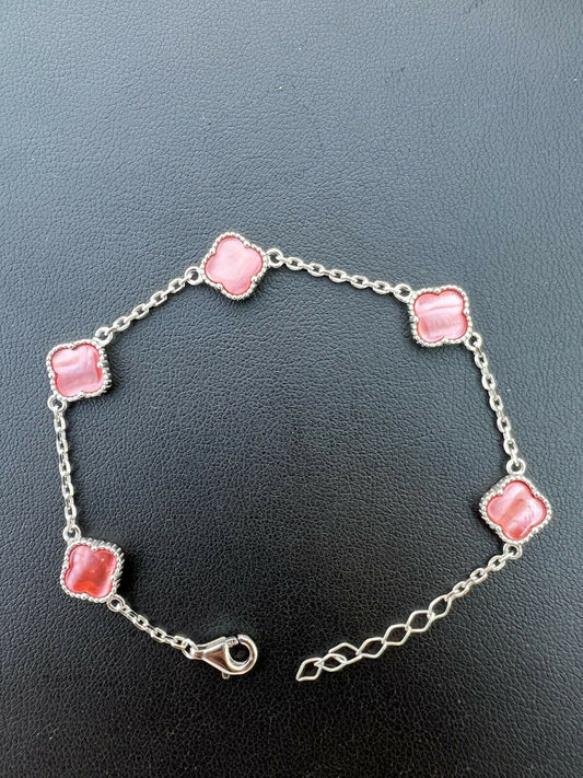 HarlemBling Real 925 Silver Alhambra Pink Mother Of Pearl Leaf Clover Flower Bracelet 6-7.5