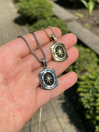 HarlemBling Real 925 Silver and 14k Gold Navigation Nautical Star Compass Pendant Necklace