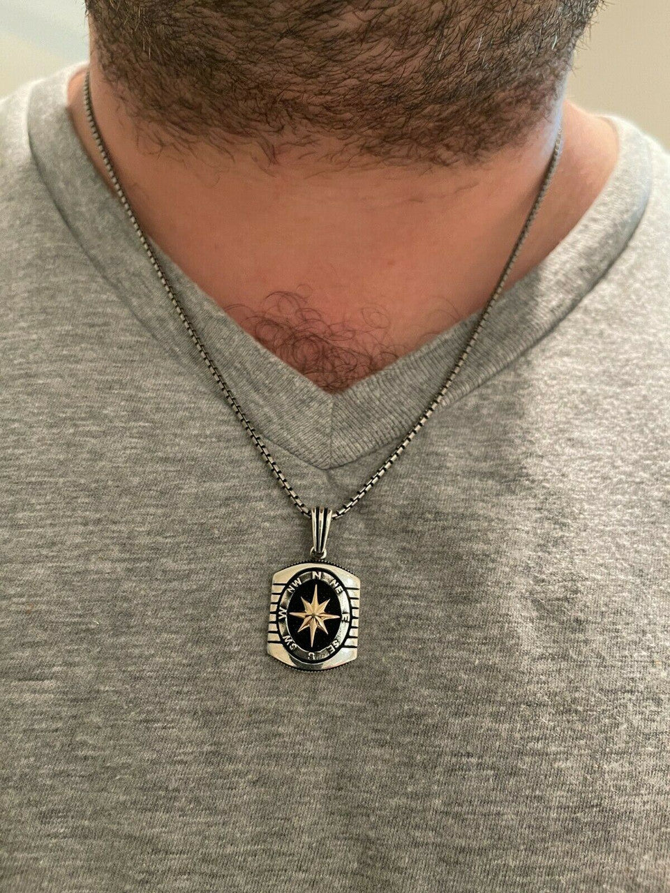 HarlemBling Real 925 Silver and 14k Gold Navigation Nautical Star Compass Pendant Necklace