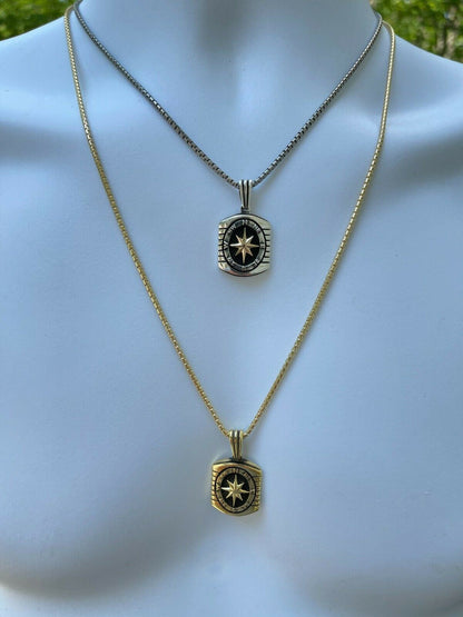 HarlemBling Real 925 Silver and 14k Gold Navigation Nautical Star Compass Pendant Necklace