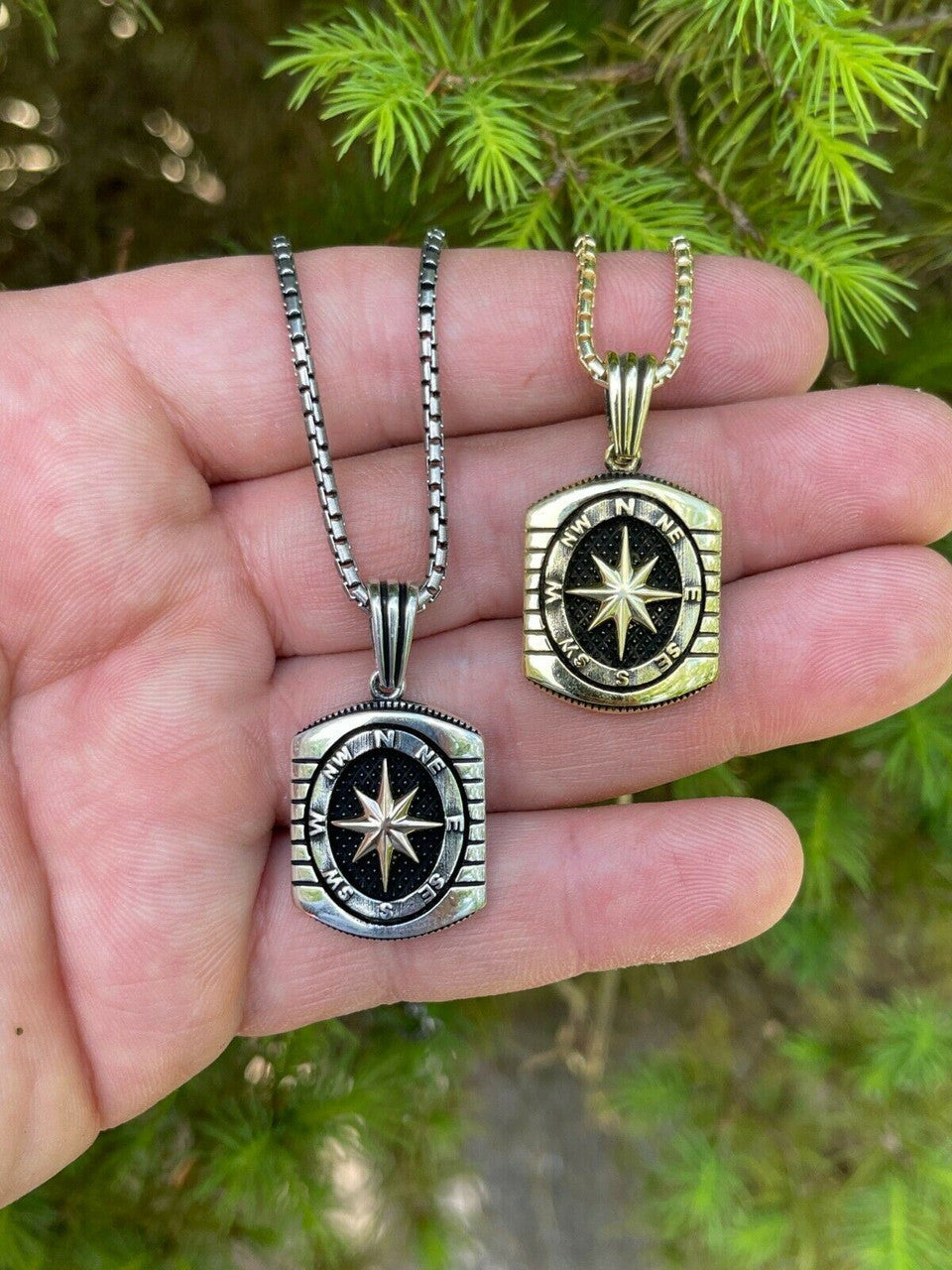 HarlemBling Real 925 Silver and 14k Gold Navigation Nautical Star Compass Pendant Necklace