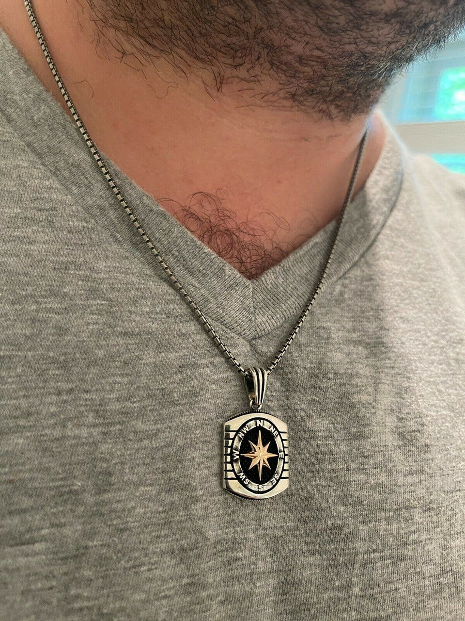 HarlemBling Real 925 Silver and 14k Gold Navigation Nautical Star Compass Pendant Necklace