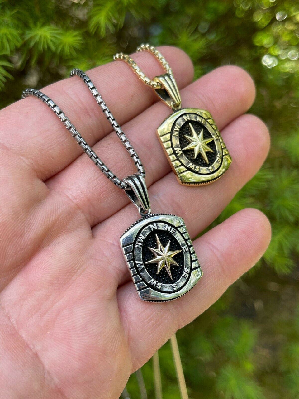 HarlemBling Real 925 Silver and 14k Gold Navigation Nautical Star Compass Pendant Necklace