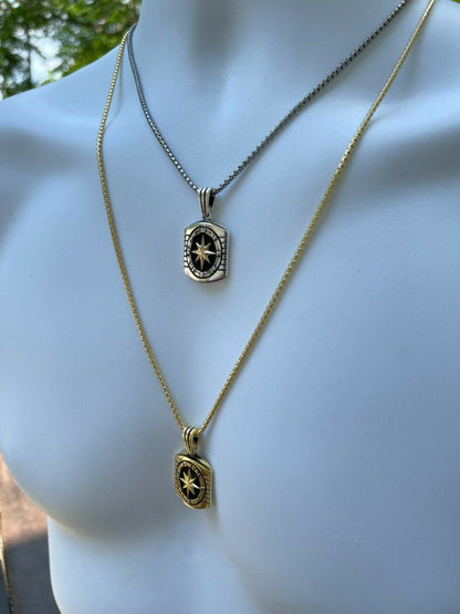 HarlemBling Real 925 Silver and 14k Gold Navigation Nautical Star Compass Pendant Necklace
