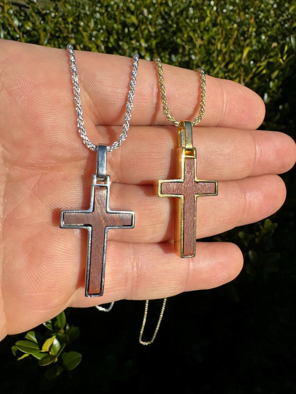 HarlemBling Real 925 Silver & Wood Inlay Plain Religious Cross Pendant Necklace Handmade