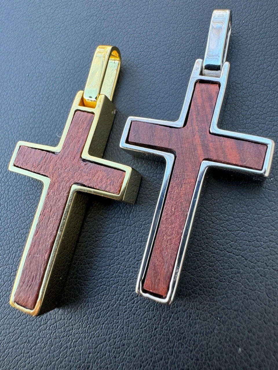 HarlemBling Real 925 Silver & Wood Inlay Plain Religious Cross Pendant Necklace Handmade