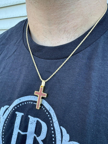HarlemBling Real 925 Silver & Wood Inlay Plain Religious Cross Pendant Necklace Handmade