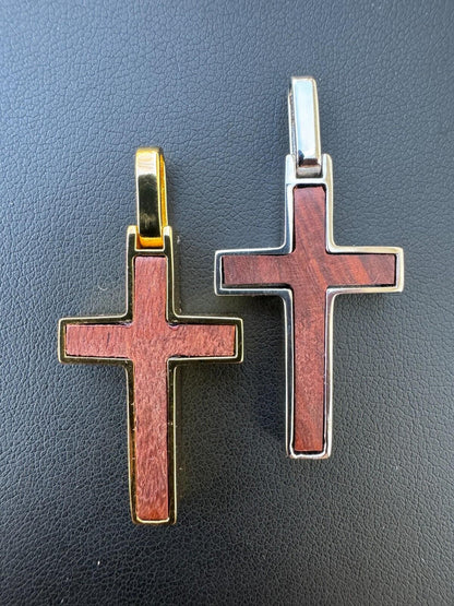 HarlemBling Real 925 Silver & Wood Inlay Plain Religious Cross Pendant Necklace Handmade