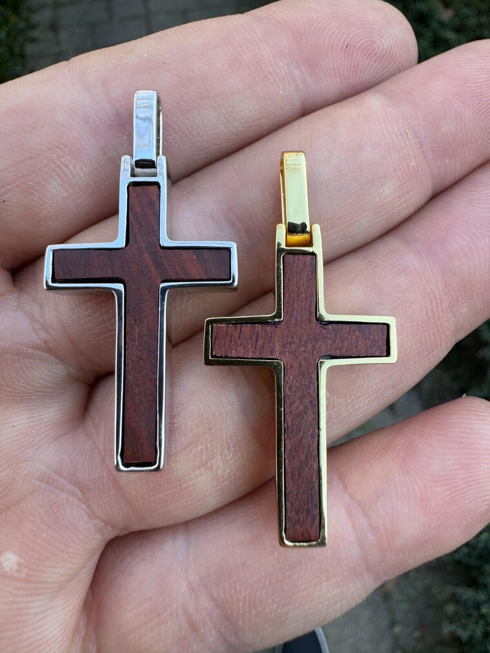 HarlemBling Real 925 Silver & Wood Inlay Plain Religious Cross Pendant Necklace Handmade