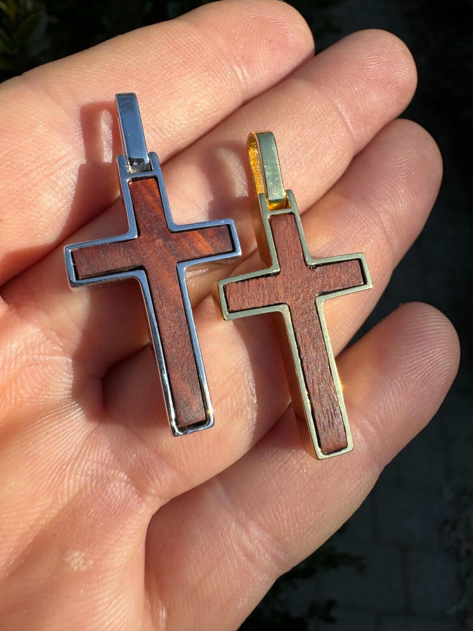 HarlemBling Real 925 Silver & Wood Inlay Plain Religious Cross Pendant Necklace Handmade