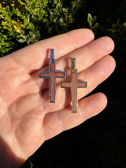HarlemBling Real 925 Silver & Wood Inlay Plain Religious Cross Pendant Necklace Handmade