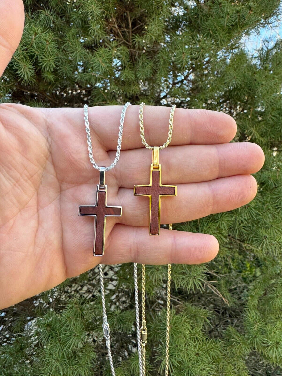 HarlemBling Real 925 Silver & Wood Inlay Plain Religious Cross Pendant Necklace Handmade