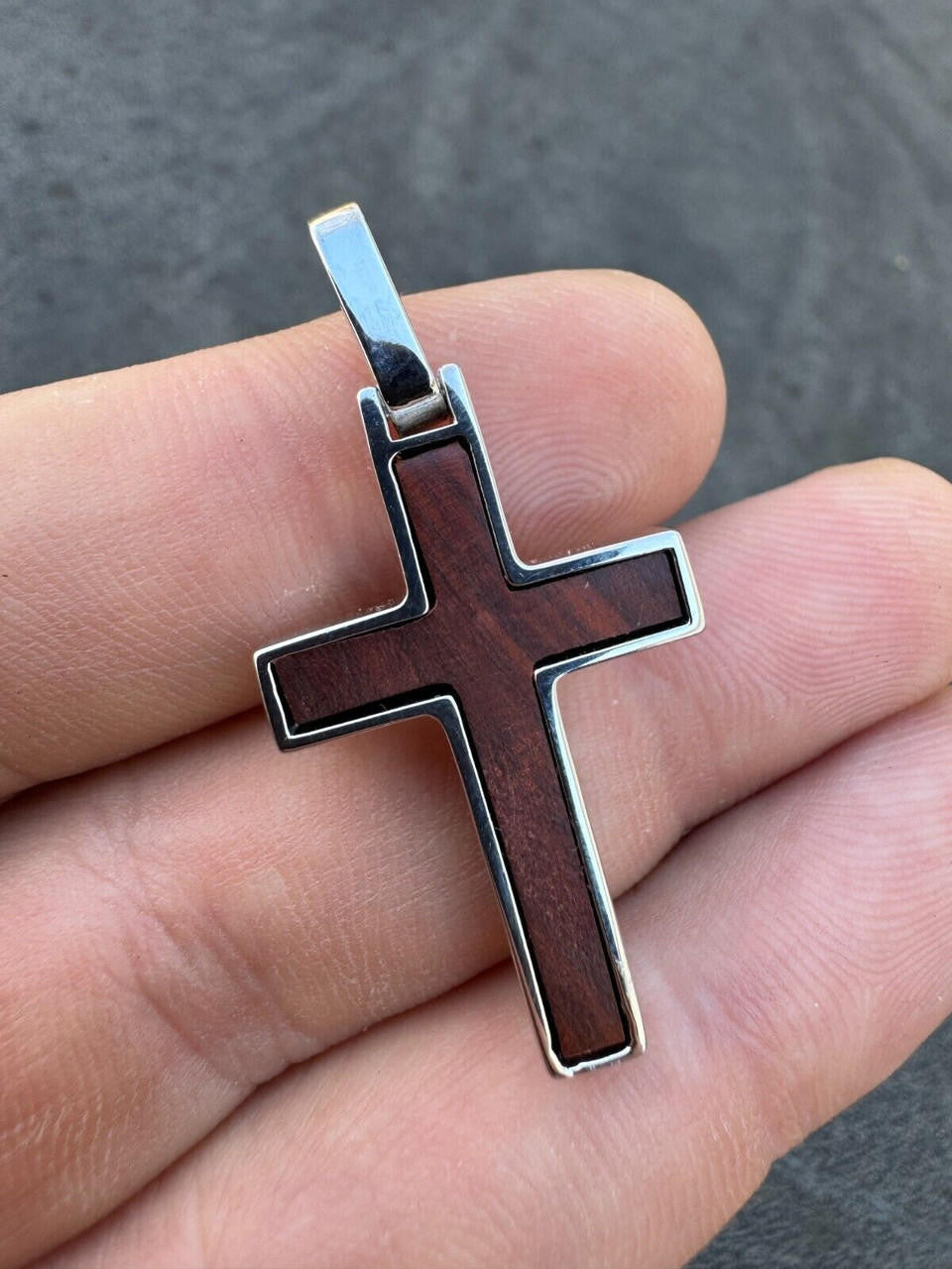 HarlemBling Real 925 Silver & Wood Inlay Plain Religious Cross Pendant Necklace Handmade