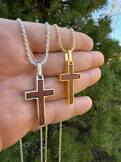 HarlemBling Real 925 Silver & Wood Inlay Plain Religious Cross Pendant Necklace Handmade
