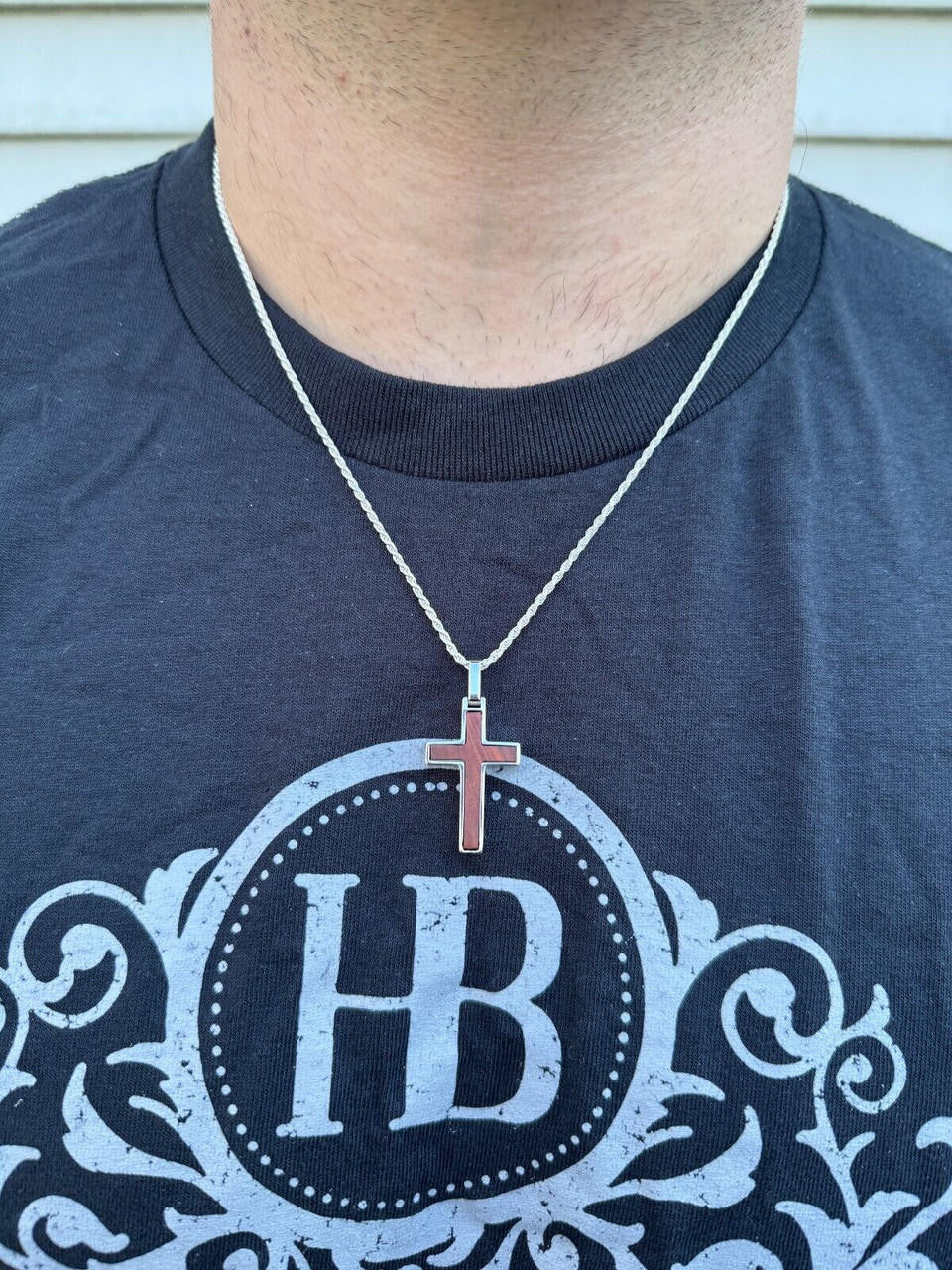HarlemBling Real 925 Silver & Wood Inlay Plain Religious Cross Pendant Necklace Handmade