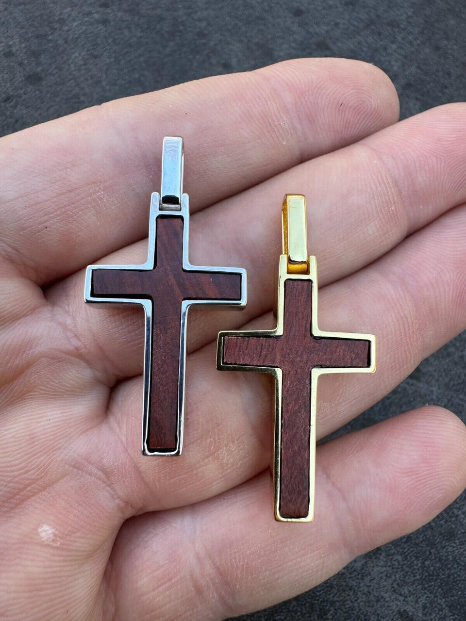 HarlemBling Real 925 Silver & Wood Inlay Plain Religious Cross Pendant Necklace Handmade