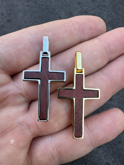 HarlemBling Real 925 Silver & Wood Inlay Plain Religious Cross Pendant Necklace Handmade
