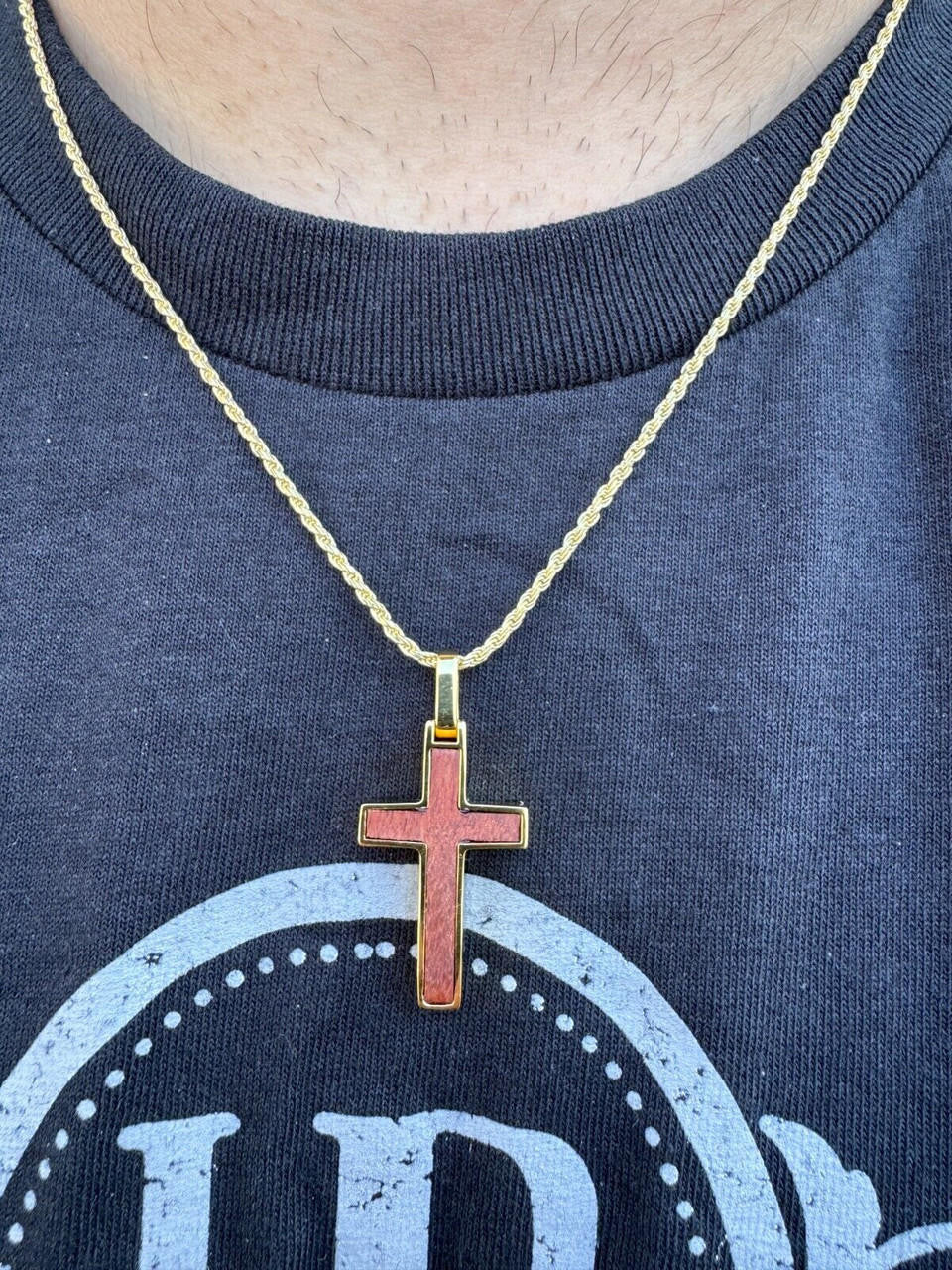 HarlemBling Real 925 Silver & Wood Inlay Plain Religious Cross Pendant Necklace Handmade