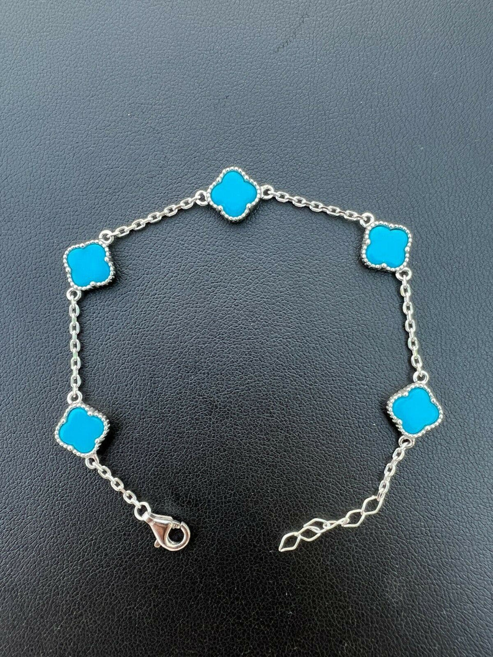 HarlemBling Real 925 Silver Blue Turquoise Four Leaf Lucky Clover Flower Bracelet 6-7.5