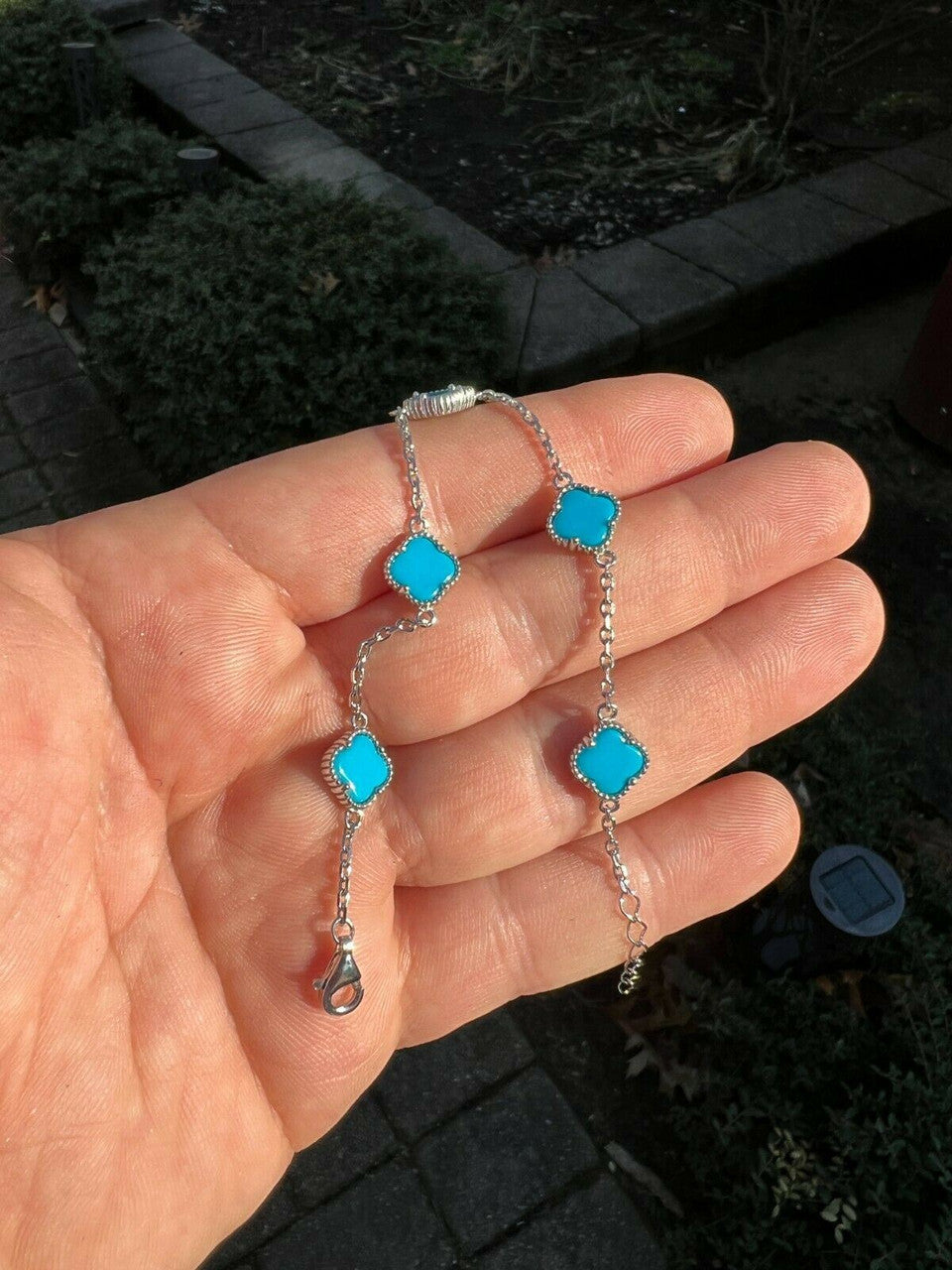 HarlemBling Real 925 Silver Blue Turquoise Four Leaf Lucky Clover Flower Bracelet 6-7.5