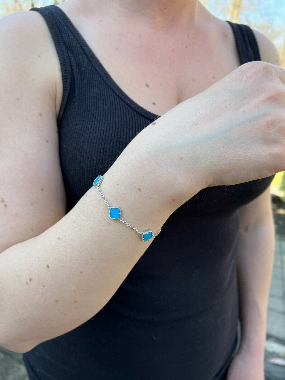 HarlemBling Real 925 Silver Blue Turquoise Four Leaf Lucky Clover Flower Bracelet 6-7.5