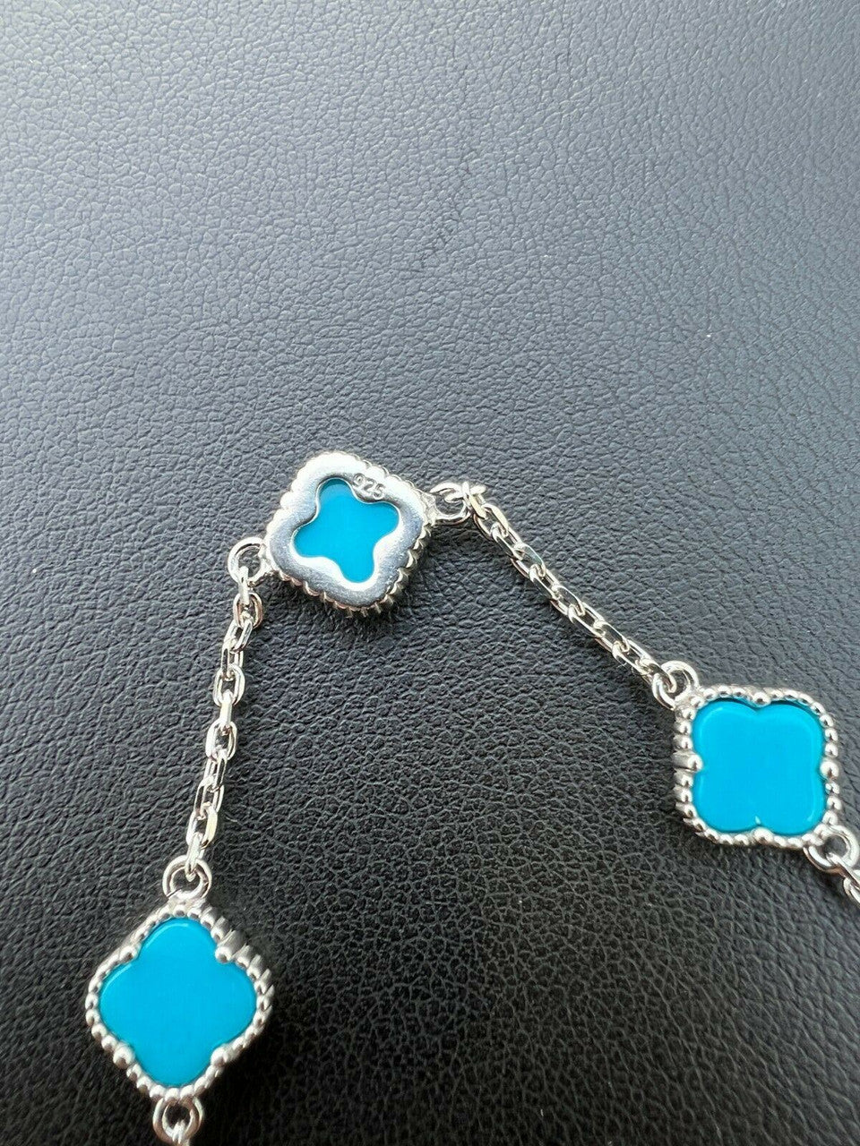 HarlemBling Real 925 Silver Blue Turquoise Four Leaf Lucky Clover Flower Bracelet 6-7.5