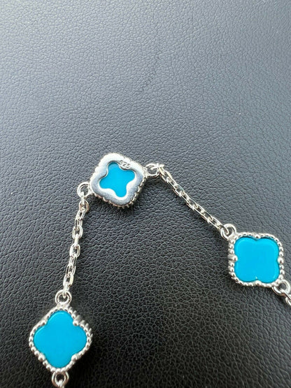 HarlemBling Real 925 Silver Blue Turquoise Four Leaf Lucky Clover Flower Bracelet 6-7.5