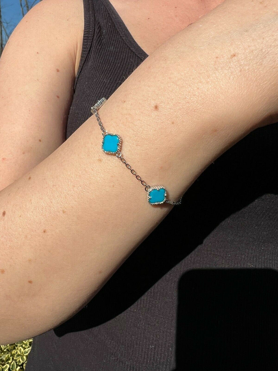 HarlemBling Real 925 Silver Blue Turquoise Four Leaf Lucky Clover Flower Bracelet 6-7.5