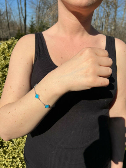 HarlemBling Real 925 Silver Blue Turquoise Four Leaf Lucky Clover Flower Bracelet 6-7.5