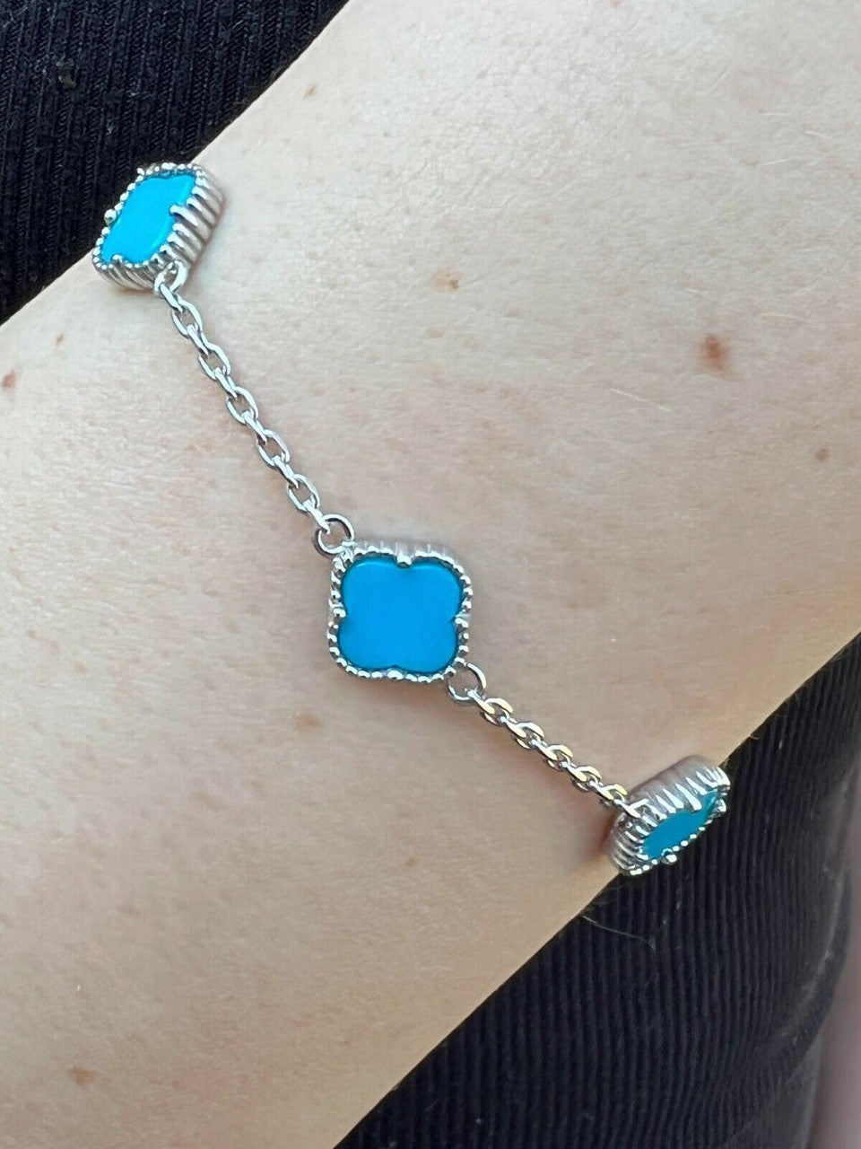 HarlemBling Real 925 Silver Blue Turquoise Four Leaf Lucky Clover Flower Bracelet 6-7.5