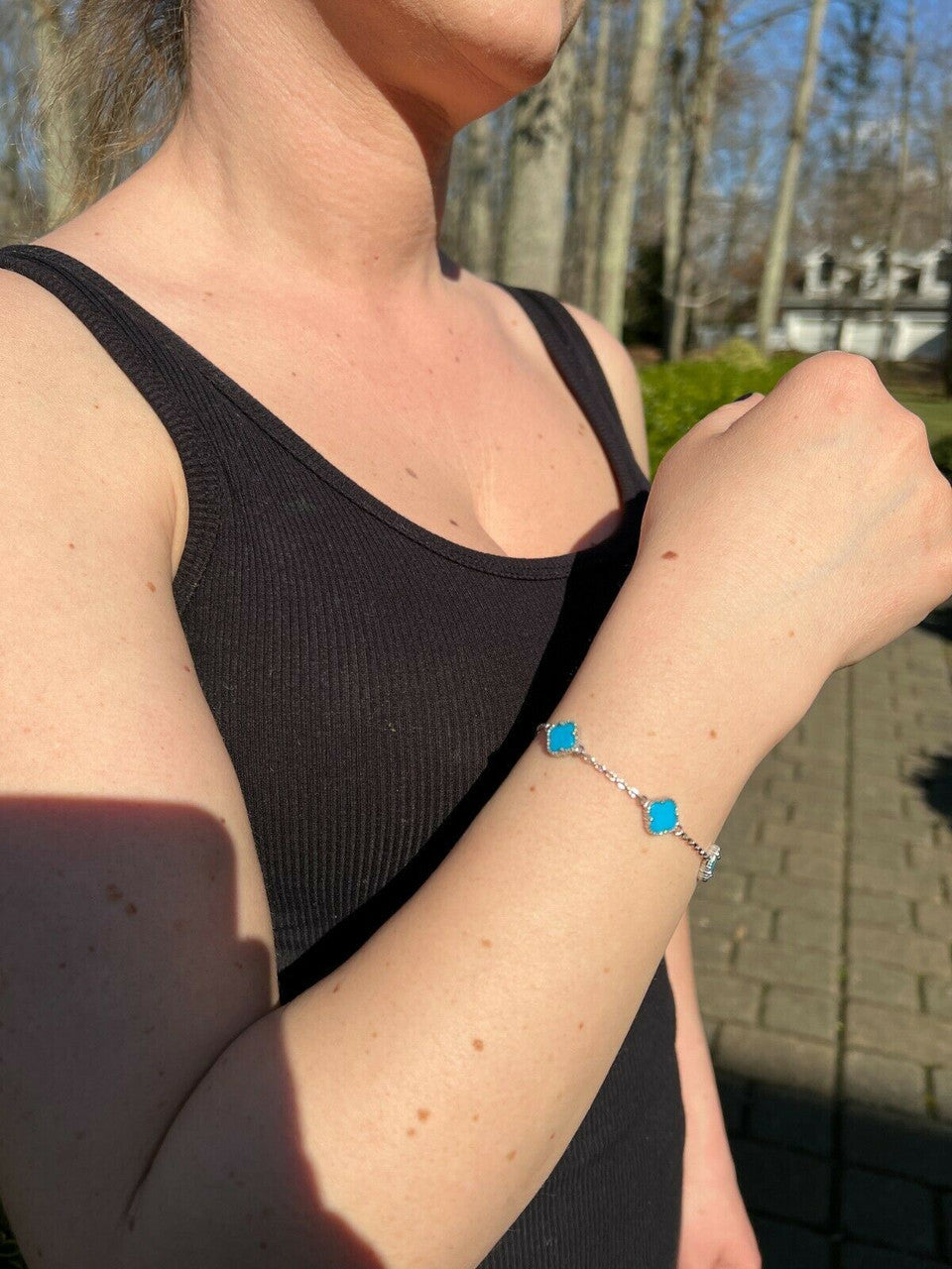 HarlemBling Real 925 Silver Blue Turquoise Four Leaf Lucky Clover Flower Bracelet 6-7.5