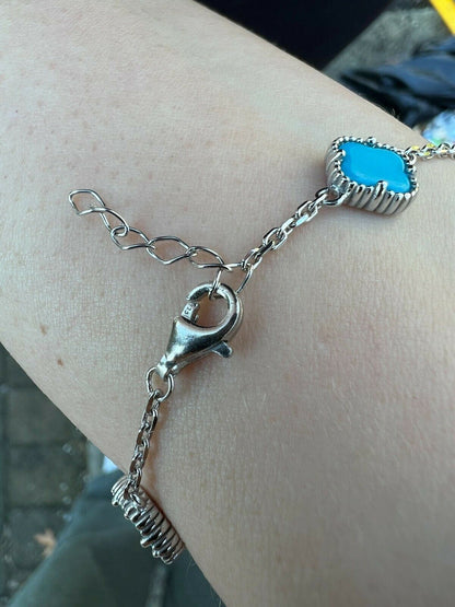 HarlemBling Real 925 Silver Blue Turquoise Four Leaf Lucky Clover Flower Bracelet 6-7.5