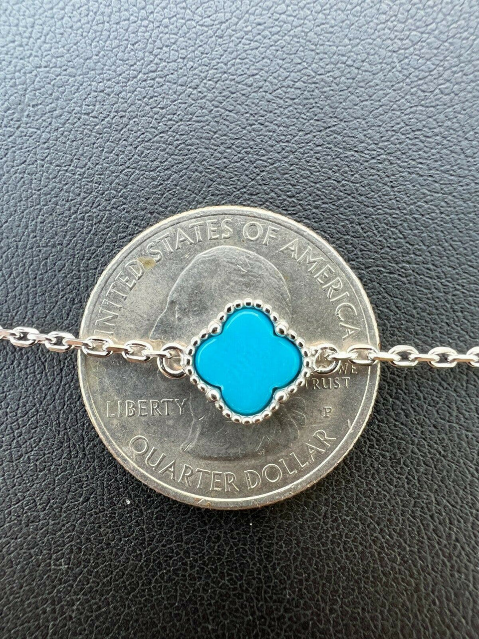 HarlemBling Real 925 Silver Blue Turquoise Four Leaf Lucky Clover Flower Bracelet 6-7.5