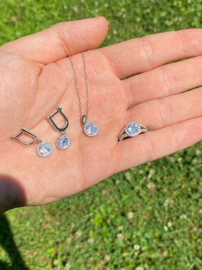 HarlemBling Real 925 Silver Diamond Ring Pendant Necklace Earrings Jewelry Set Wedding Girls