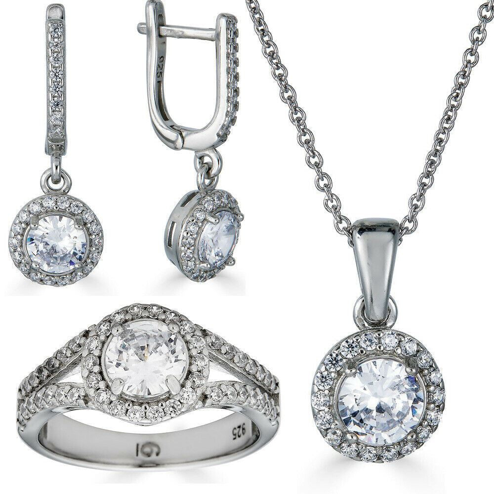 HarlemBling Real 925 Silver Diamond Ring Pendant Necklace Earrings Jewelry Set Wedding Girls