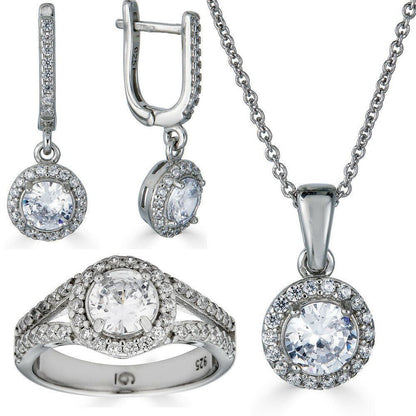 HarlemBling Real 925 Silver Diamond Ring Pendant Necklace Earrings Jewelry Set Wedding Girls