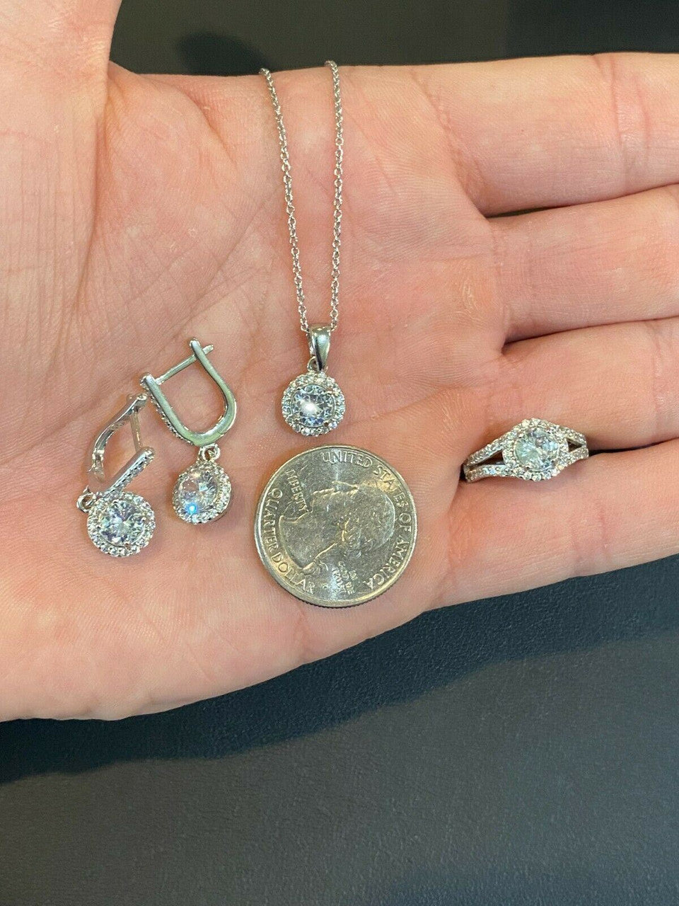 HarlemBling Real 925 Silver Diamond Ring Pendant Necklace Earrings Jewelry Set Wedding Girls