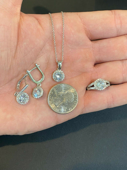HarlemBling Real 925 Silver Diamond Ring Pendant Necklace Earrings Jewelry Set Wedding Girls