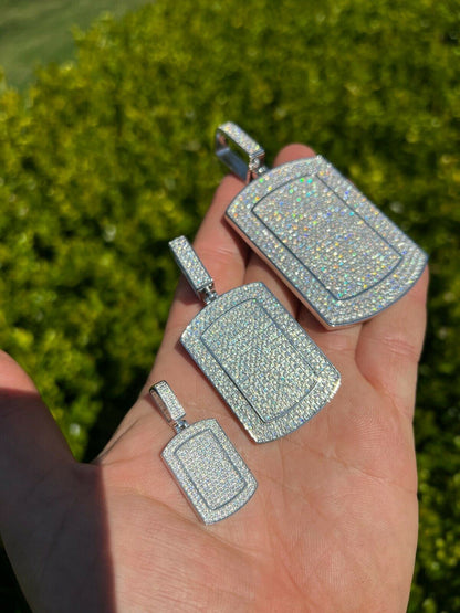 HarlemBling Real 925 Silver Dog Tag Iced Hip Hop Pendant Necklace - Man Made Diamond Bling