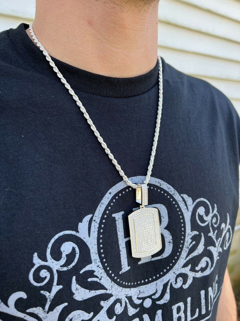 HarlemBling Real 925 Silver Dog Tag Iced Hip Hop Pendant Necklace - Man Made Diamond Bling