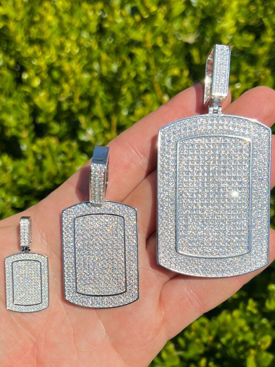 Real 925 Silver Dog Tag Iced Hip Hop Pendant Necklace - Man Made