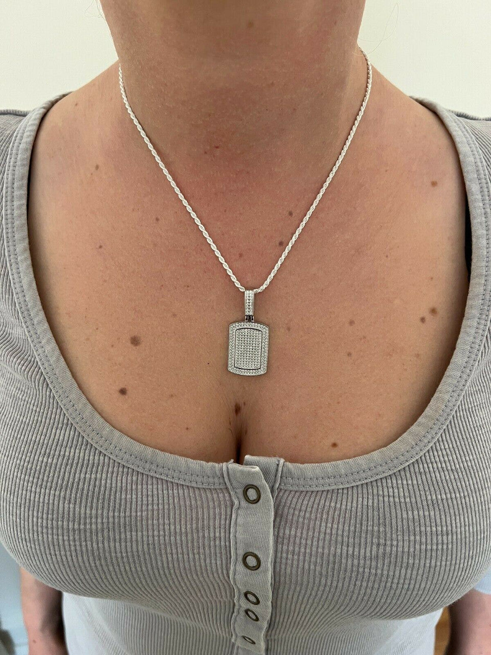 Real 925 Silver Dog Tag Iced Hip Hop Pendant Necklace - Man Made