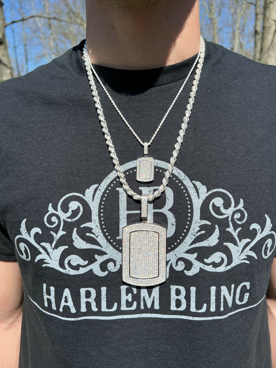 HarlemBling Real 925 Silver Dog Tag Iced Hip Hop Pendant Necklace - Man Made Diamond Bling