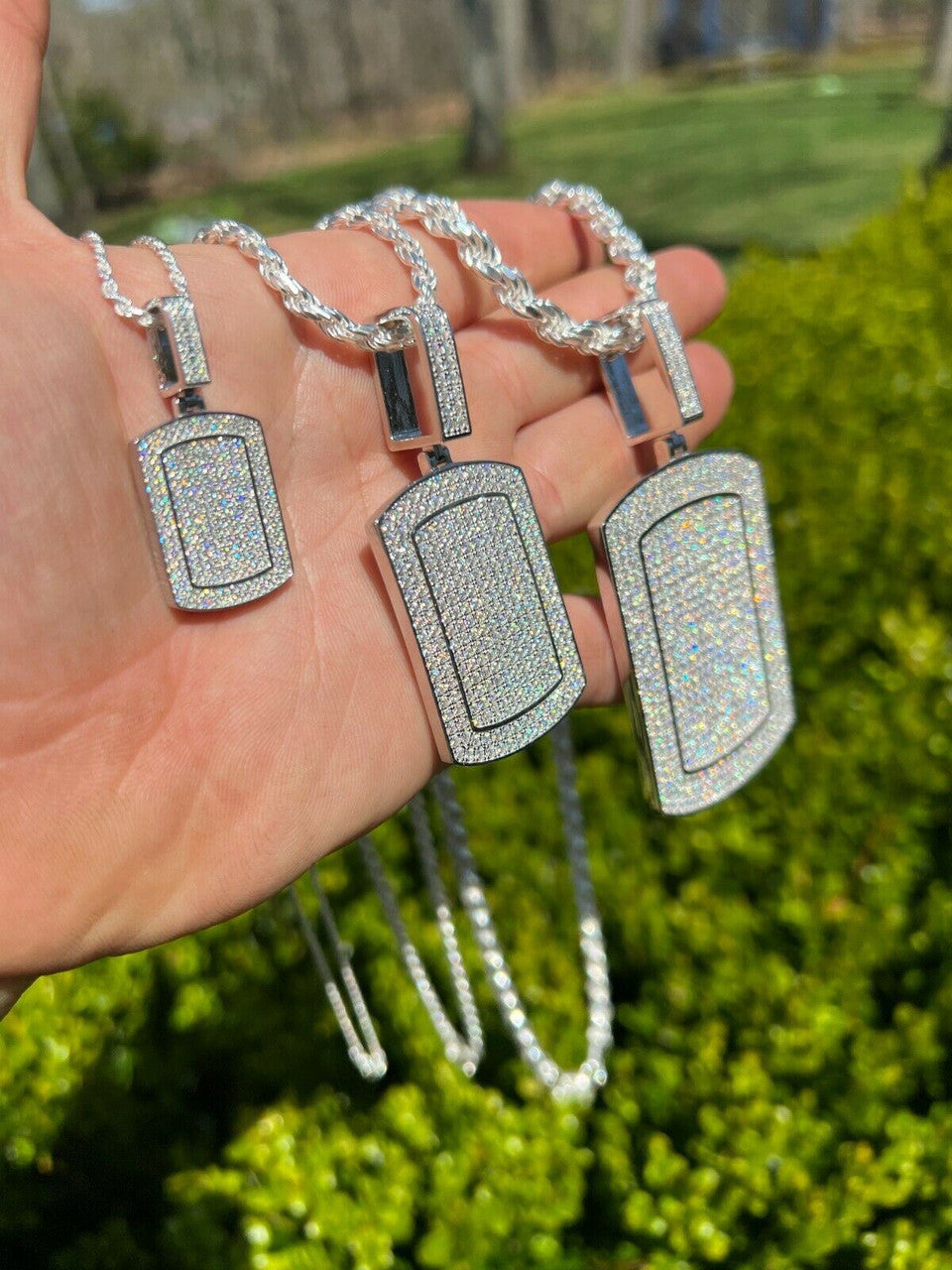 HarlemBling Real 925 Silver Dog Tag Iced Hip Hop Pendant Necklace - Man Made Diamond Bling