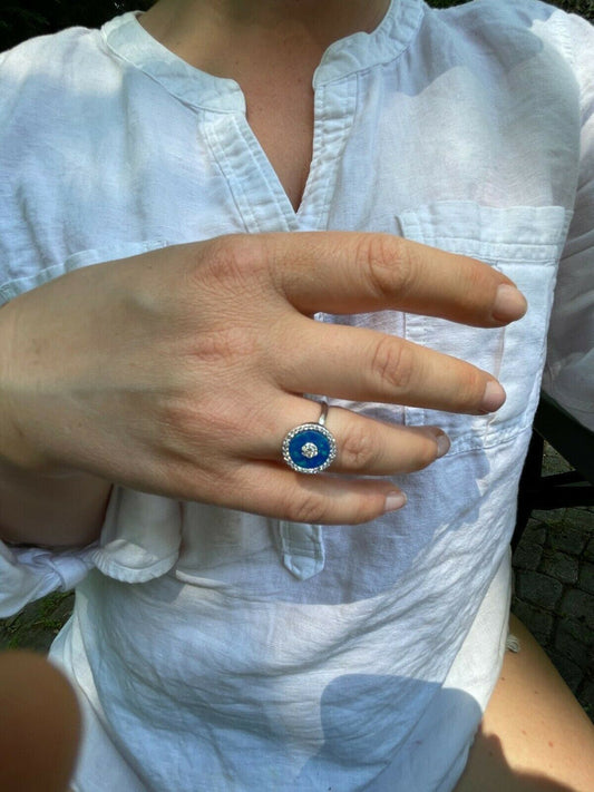 HarlemBling Real 925 Silver Evil Eye Man Made Blue Opal and Diamond Ring Girls Ladies Szs 5-10