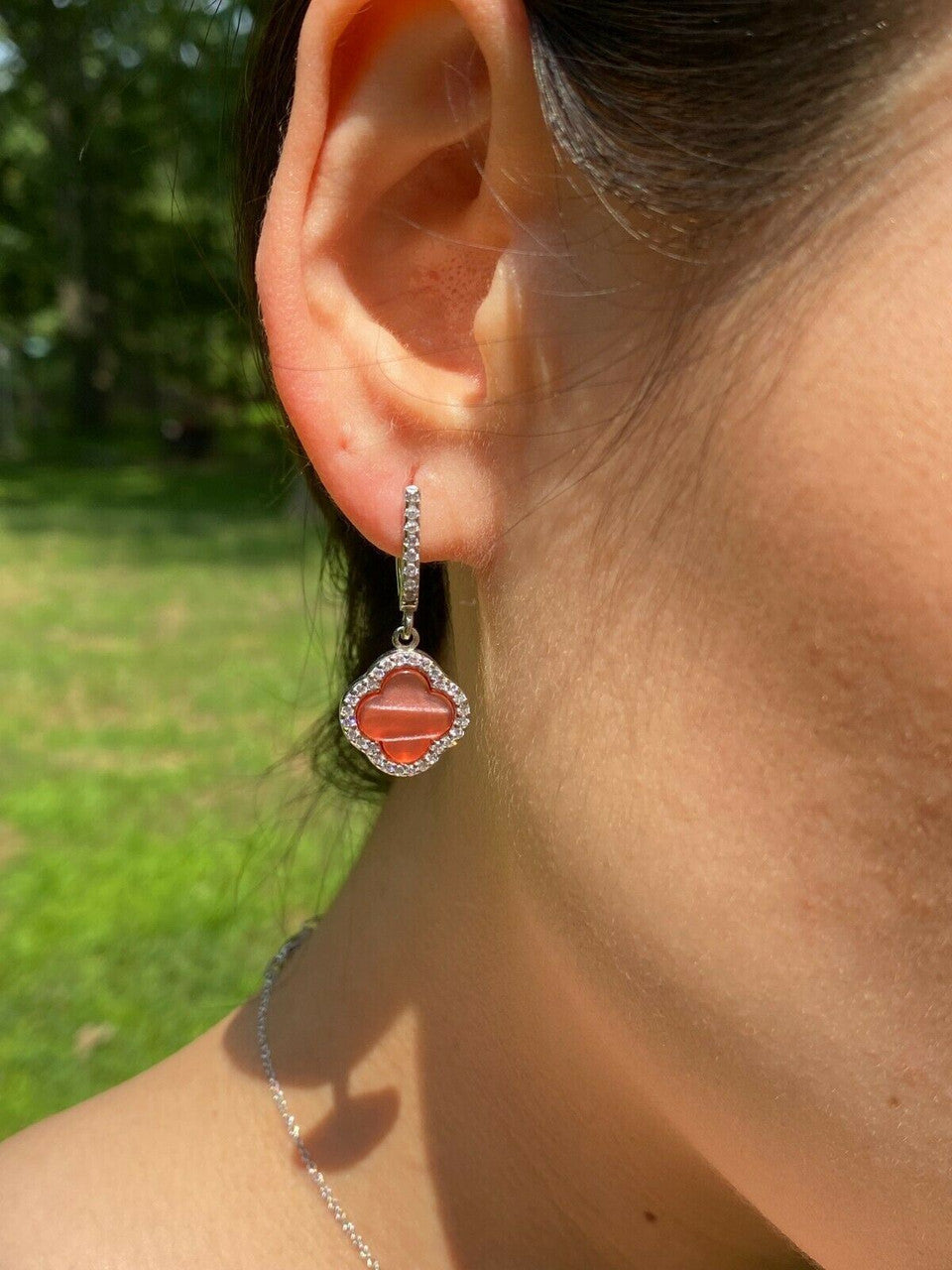 HarlemBling Real 925 Silver Four Leaf Clover Pink Pearl Ring Necklace and Earrings Ladies Set