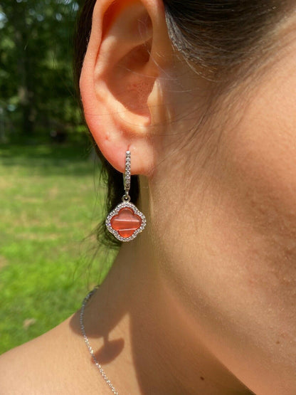 HarlemBling Real 925 Silver Four Leaf Clover Pink Pearl Ring Necklace and Earrings Ladies Set