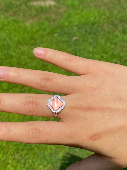 HarlemBling Real 925 Silver Four Leaf Clover Pink Pearl Ring Necklace and Earrings Ladies Set