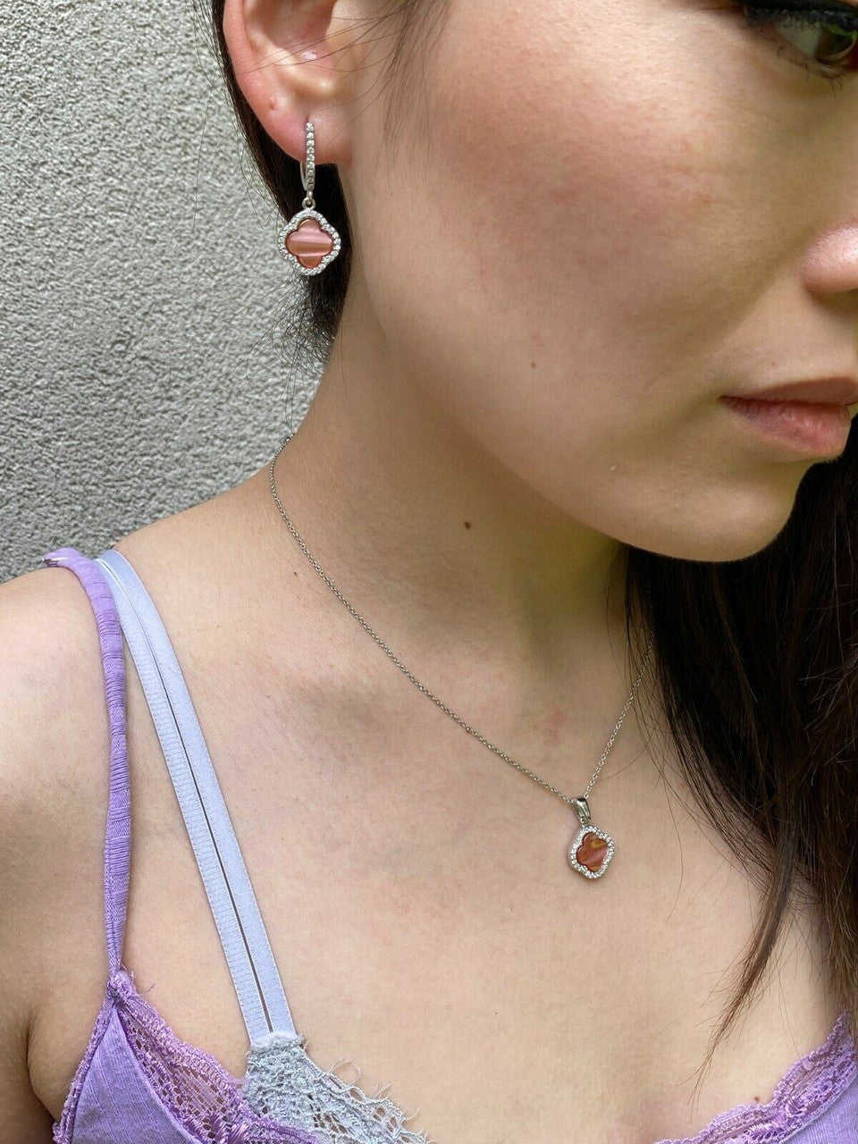 HarlemBling Real 925 Silver Four Leaf Clover Pink Pearl Ring Necklace and Earrings Ladies Set